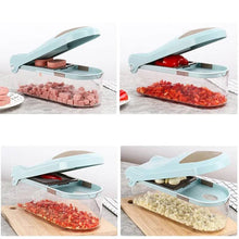 Load image into Gallery viewer, 3 Blades Vegetables Slicer | Professional Manual Chopper showing different types of chopped vegetables in use.
