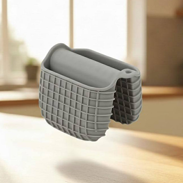 Mini Silicone Oven Mitts Pot Holders - 1 Pc Premium Silicone Tray Grabber in gray with non-slip texture.