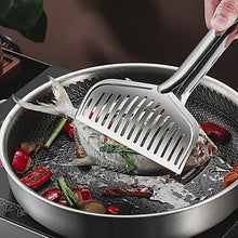 تحميل وتشغيل الفيديو في عارض المعرض، Stainless Steel Barbecue Tongs Food Tongs Fried Fish Grilled Fish Tongs Steak Frying Tongs Household Kitchen Tools in use with fried fish.
