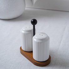 تحميل الصورة في عارض المعرض، 2-piece Porcelain Shaker Set - Porcelain Spice seasoning jars with Wooden base &amp; Metal handle
