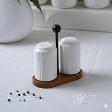تحميل الصورة في عارض المعرض، 2-piece Porcelain Shaker Set - Porcelain Spice seasoning jars with Wooden base &amp; Metal handle

