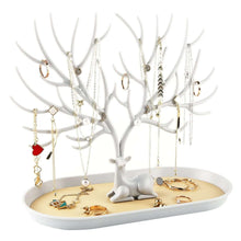 Load image into Gallery viewer, Elegant deer-shaped jewelry organizer stand displaying necklaces, earrings, and rings for stylish storage on vanity.
