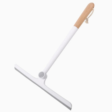 White squeegee with wooden handle for streak-free cleaning of windows, mirrors, and tiles.