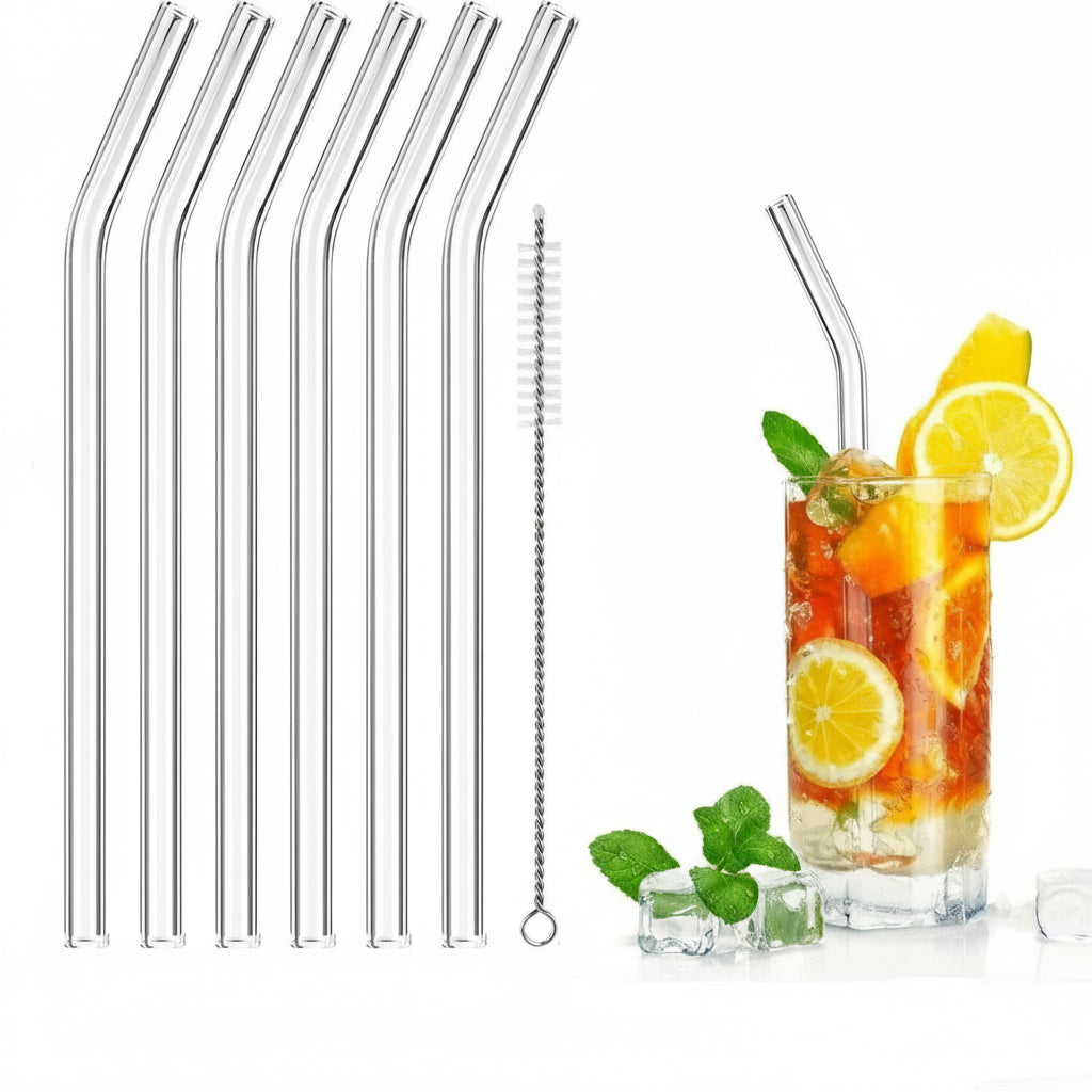 Straws - Reusable Drinking Glass Straws For Drinks - Set of 6 + Brush