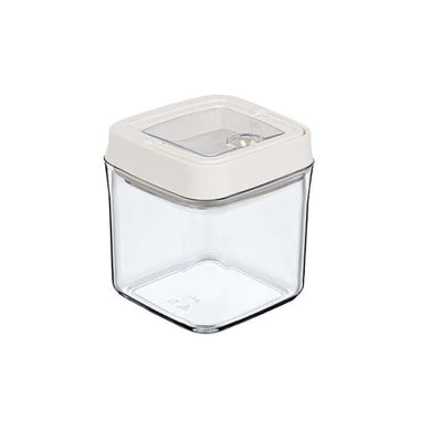Clear storage container with a white lid on a white background