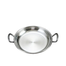 Load image into Gallery viewer, A stainless steel shallow pan with two side handles, shown on a dark textured background with a Chinese specification table overlay at the top.
