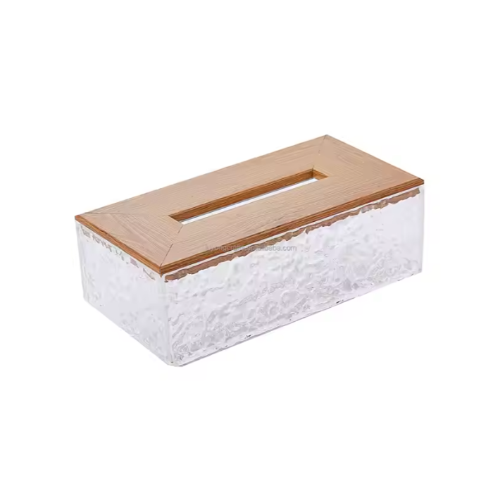 Tissue Box with Wooden Cover - Acrylic Paper Napkin Transparent Holder Case