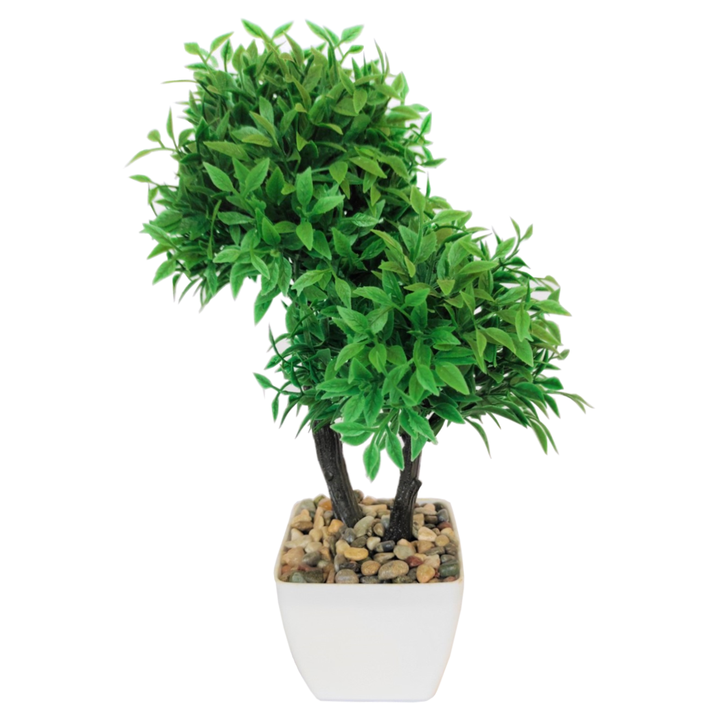 Artificial Plants - Artificial Potted Plants - 2 Green Trees Plant In Mini White Plastic Pot With Stones 26x17 cm