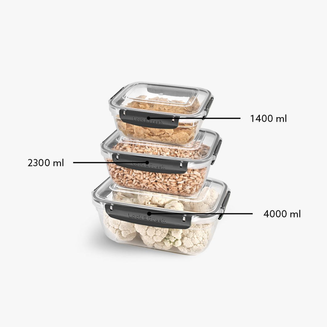 Food Storage Containers - Plastic Sealed Rectangular set of 3 (1400 - 2300 - 4000 ml)