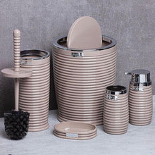 تحميل الصورة في عارض المعرض، Beige bathroom accessories set with textured design on a gray background
