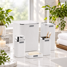 Load image into Gallery viewer, White Stella ribbed set with silver trim on a counter

