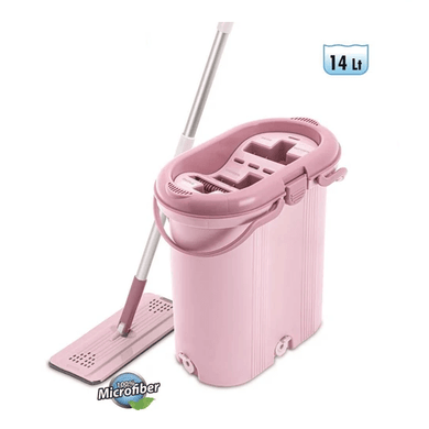 A pink bucket cleaning set with a microfiber mop and a three-compartment design, including a washing, rinsing, and drying section.