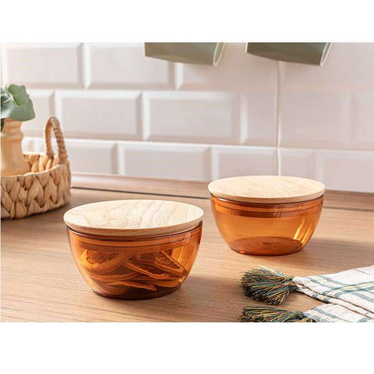 Food Storage Bowl With Wooden Lid - 2 Pcs of 400ml. Bowl for Pasta, Chips, Dips and Candies