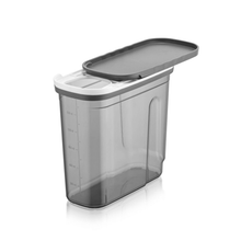 Load image into Gallery viewer, A tall, clear plastic food storage container with a gray sliding lid, featuring measurement markings on the side.
