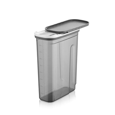 A tall, transparent grey food storage container with a sliding lid and measurement markings on the side.