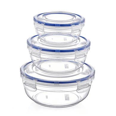 A set of three clear round plastic food storage containers with blue lids, in varying sizes.