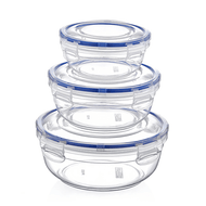 A set of three clear round plastic food storage containers with blue lids, in varying sizes.