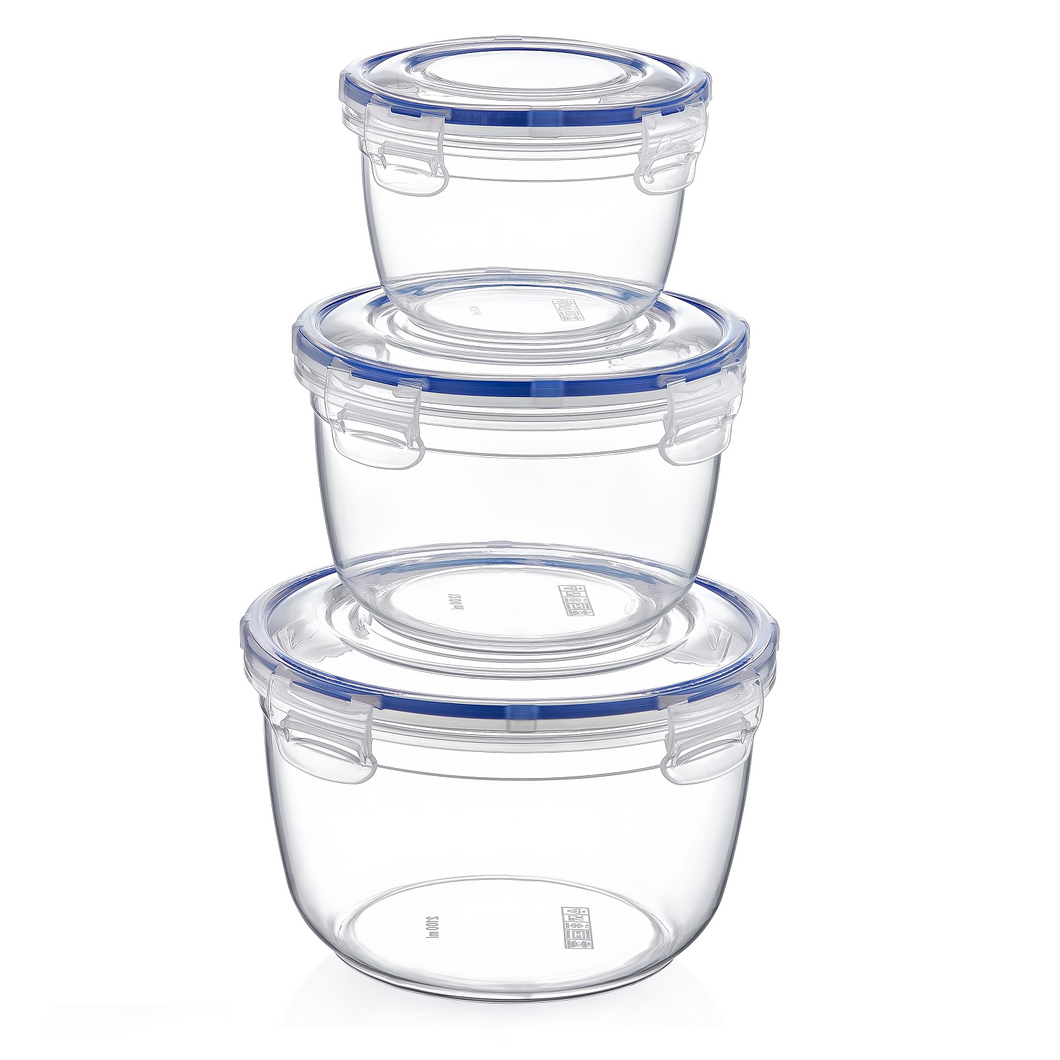 A set of three clear round food storage containers with blue lids, stacked on top of each other.