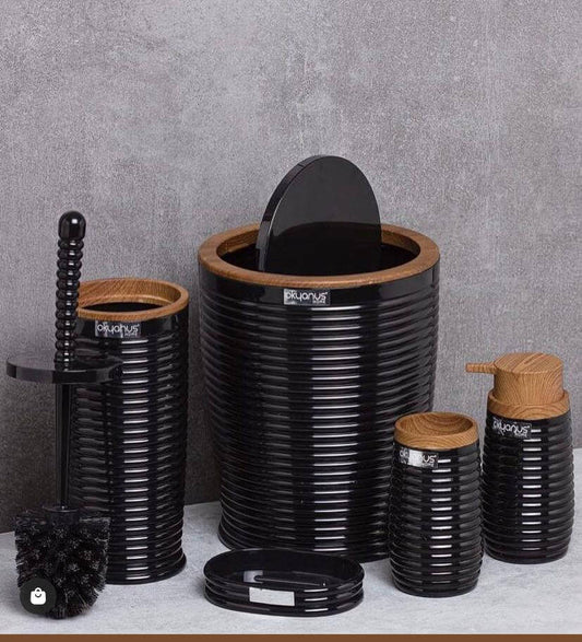 Bathroom Accessory Set - Elegance 5-Piece Ribbed Design with Wooden Frames | Complete Modern Organizer Suite