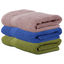 Load image into Gallery viewer, A stack of folded cotton bath towels in beige, blue, and green colors.
