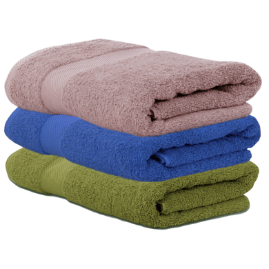 A stack of folded cotton bath towels in beige, blue, and green colors.