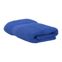 Load image into Gallery viewer, A stack of folded cotton bath towels in beige, blue, and green colors.
