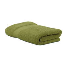 Load image into Gallery viewer, A stack of folded cotton bath towels in beige, blue, and green colors.
