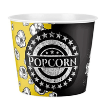 تحميل الصورة في عارض المعرض، A yellow reusable plastic popcorn container with the word 'POPCORN' written across the top and popcorns falling from above.
