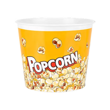 تحميل الصورة في عارض المعرض، A yellow reusable plastic popcorn container with the word 'POPCORN' written across the top and popcorns falling from above.
