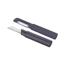 Load image into Gallery viewer, A 2 in 1 vegetable and fruit peeler and knife with a black handle, displayed with the blade facing up and the peeler side down.
