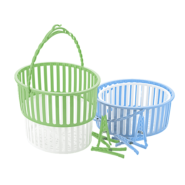 Two plastic laundry baskets with green and blue stripes, alongside a set of white plastic clothespins.