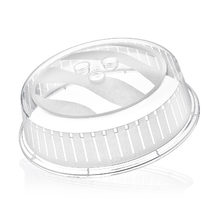 Load image into Gallery viewer, A transparent plastic microwave food cover/lid, designed to fit over a microwave plate. It appears to be made of a food-grade material and is BPA-free, as mentioned in the product description.
