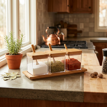 تحميل الصورة في عارض المعرض، Spice set with glass containers and wooden lids on a white surface
