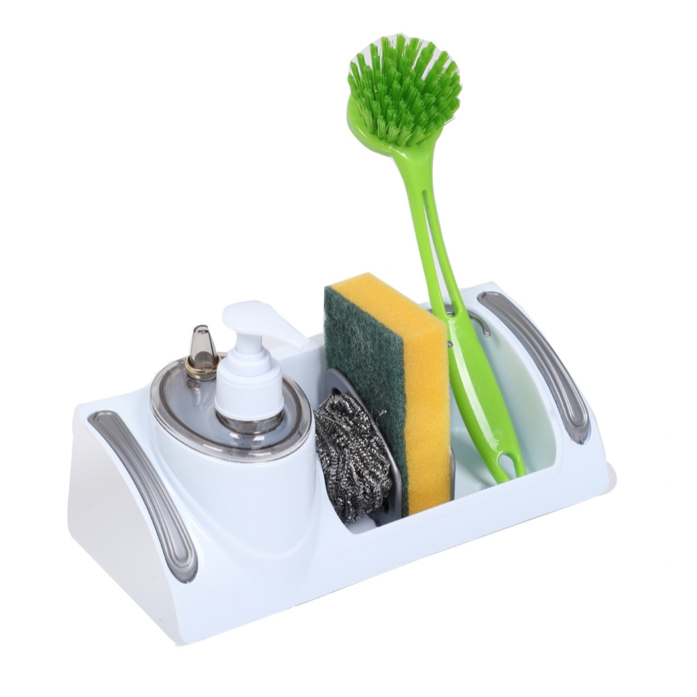 Soap Dispenser with Sponge Holder and Brush Holder - 3 In 1 Sink Caddy Organizer for Kitchen