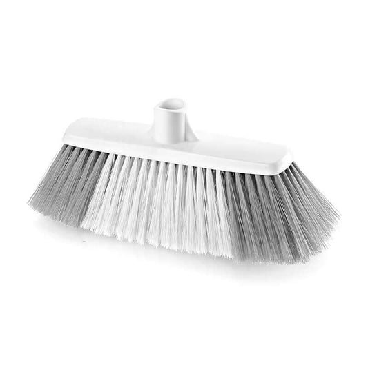 White broom head with gray and white bristles